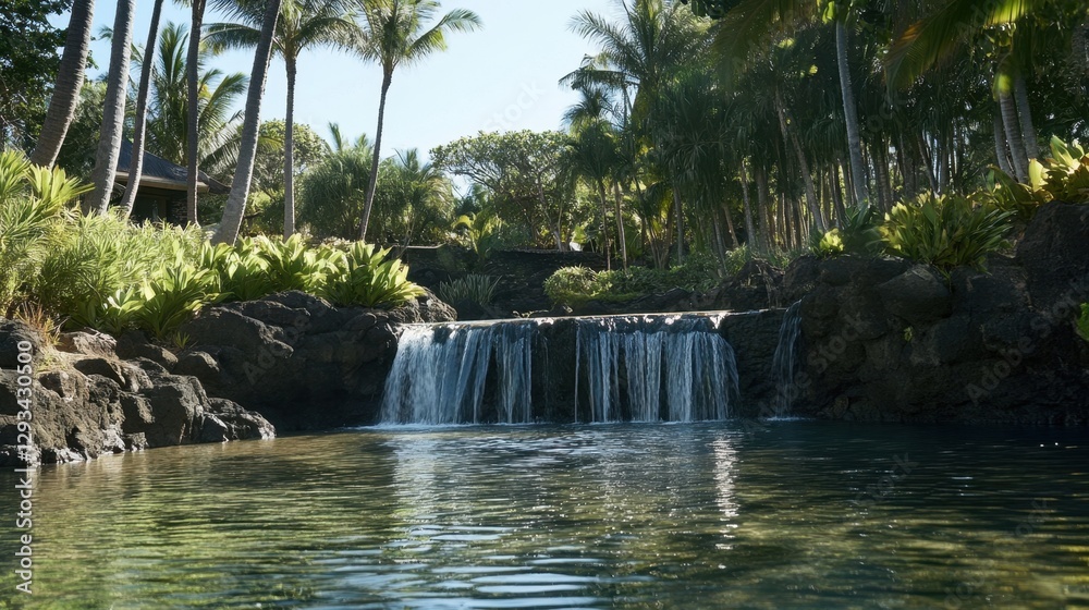 Naklejka premium Small waterfall flowing into a secluded tropical lagoon, an exotic spring break escape