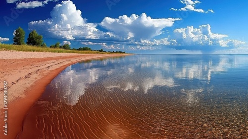 Soft beach waves meeting the sand under a bright summer sky, with fluffy clouds reflecting on the water