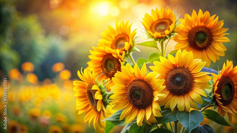 Fototapeta premium Vibrant Sunflowers Bouquet, Summer Floral Background, Copy Space