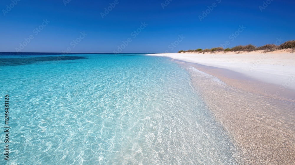 Sparkling blue water meeting soft white sand under a cloudless sky Sparkling blue water meeting soft white sand under a cloudless sky