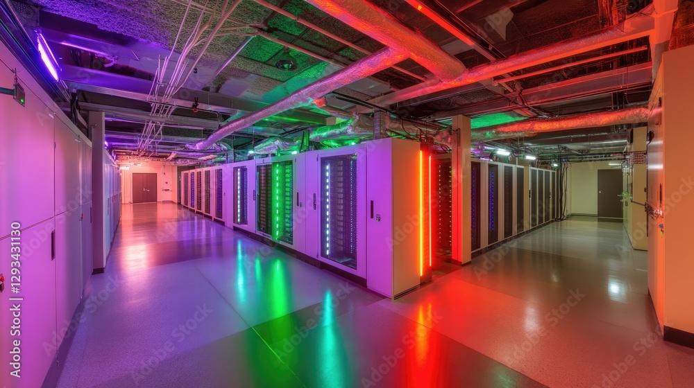 Fototapeta premium A vibrant neon-lit cloud server room with futuristic lighting.