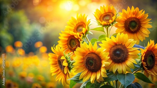 Vibrant Sunflowers Bouquet, Summer Floral Background, Copy Space