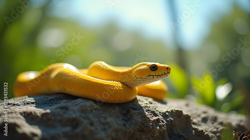 A striking yellow snake rests on a sunlit rock, its smooth scales gleaming in the natural light. Surrounded by lush greenery, the serpent gazes alertly, blending into its tropical habitat. photo