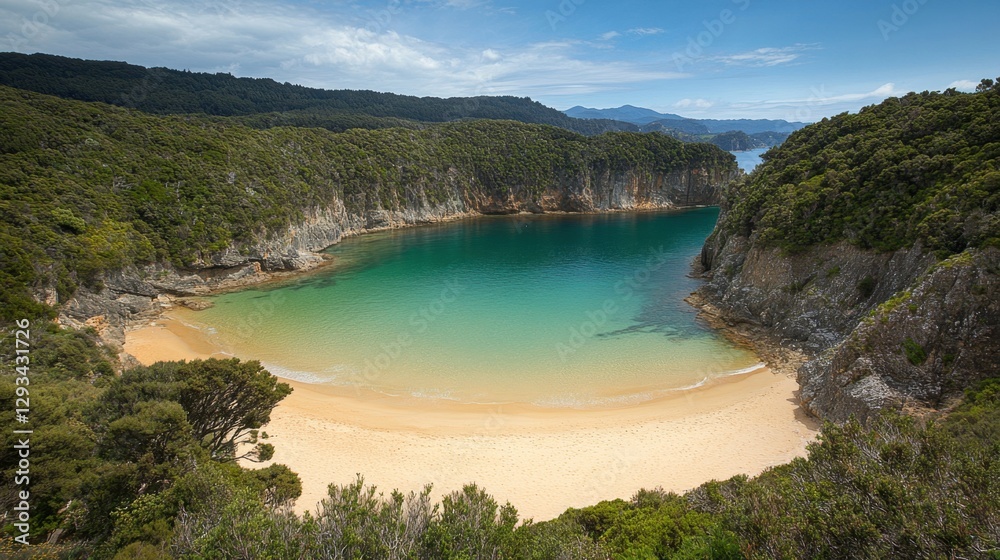 Naklejka premium Stunning blue lagoon with clear waters surrounded by lush green cliffs and golden sands