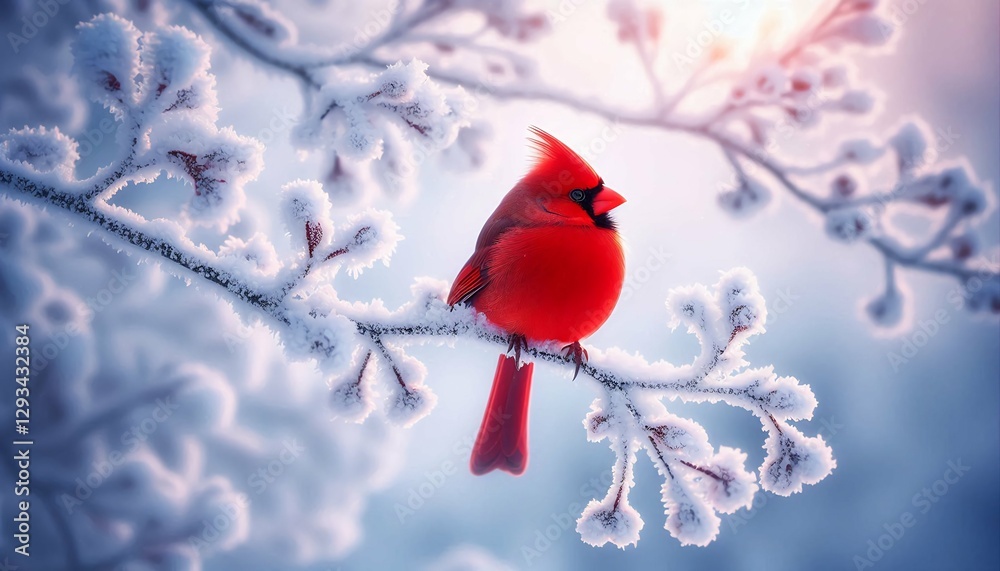 Fototapeta premium Vibrant Red Cardinal on a Snowy Branch – Winter Wonderland with Glowing Lights.