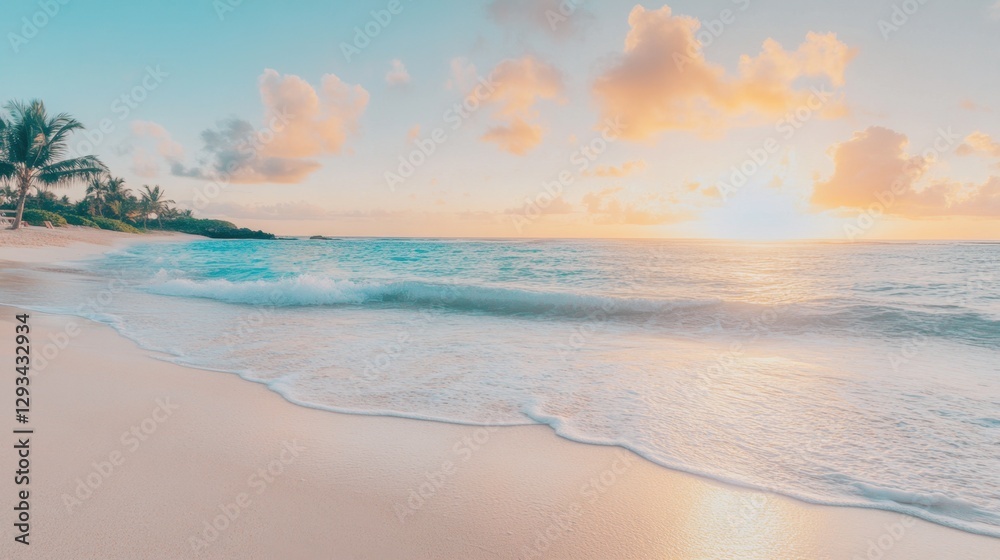 Obraz premium Sunrise over a peaceful tropical lagoon with gentle waves lapping at the shore, symbolizing a tranquil spring break morning