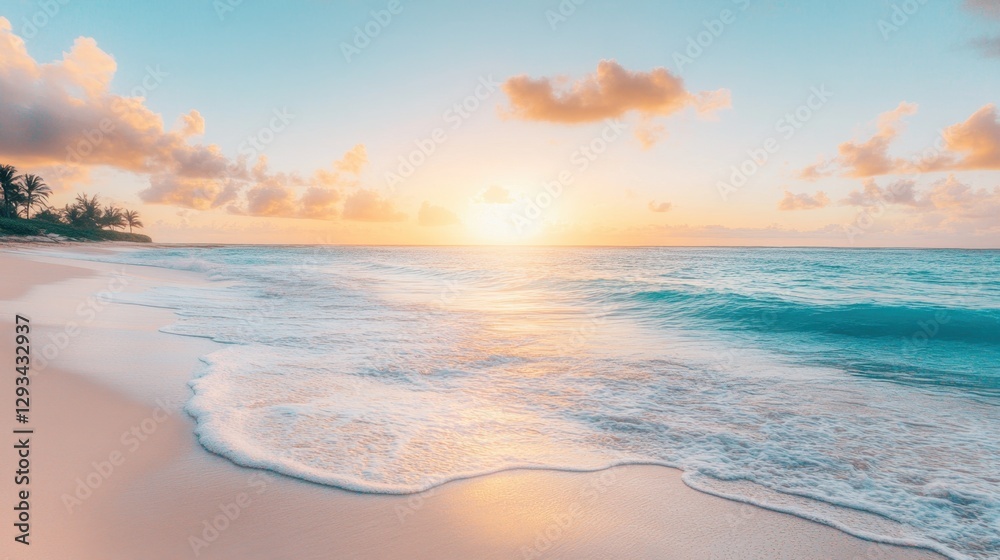 Obraz premium Sunrise over a peaceful tropical lagoon with gentle waves lapping at the shore, symbolizing a tranquil spring break morning