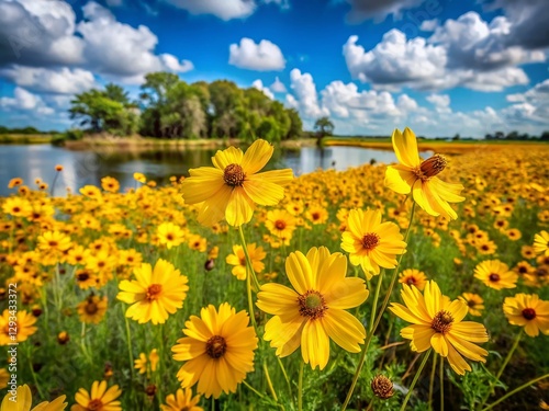 Vibrant Yellow Tickseed Wildflowers Blooming in Myakka River State Park, Sarasota, Florida