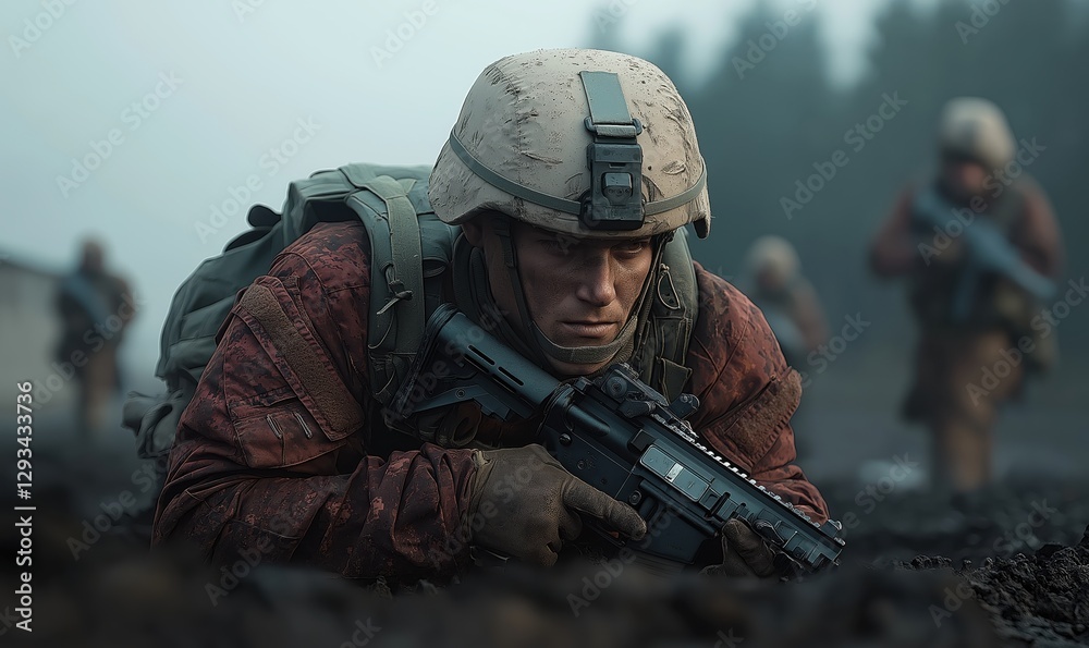 Fototapeta premium Tactical expert crouches in darkness, scanning the area while squad members approach their target during a covert mission