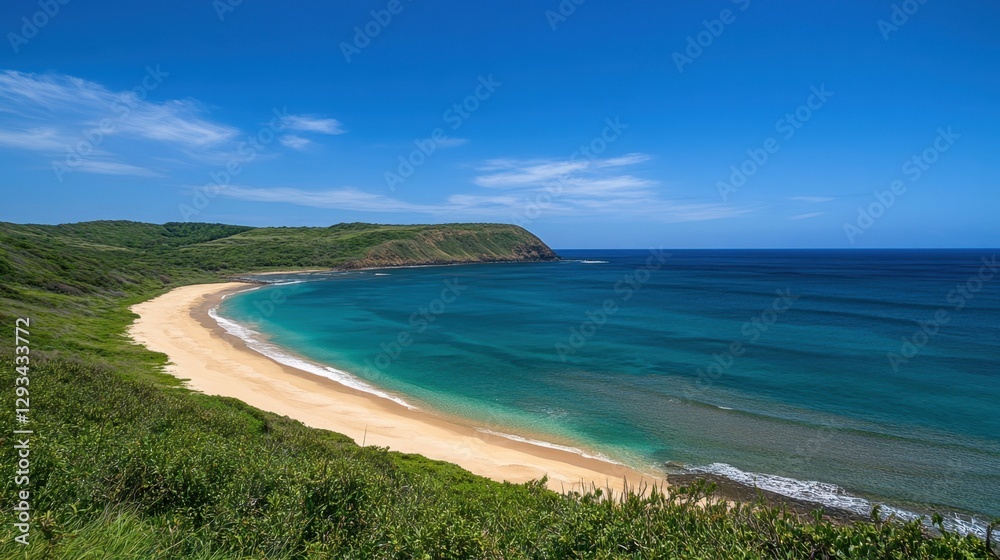 Obraz premium Tranquil ocean bay with a golden sandy shore and lush greenery lining the coastline