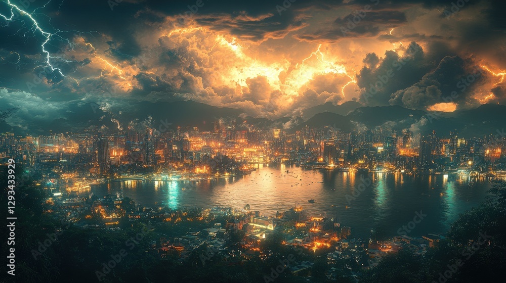 Beneath swirling, ominous clouds, a futuristic city glows vibrantly in hues of orange and yellow at night, casting an electrifying ambiance over its skyline
