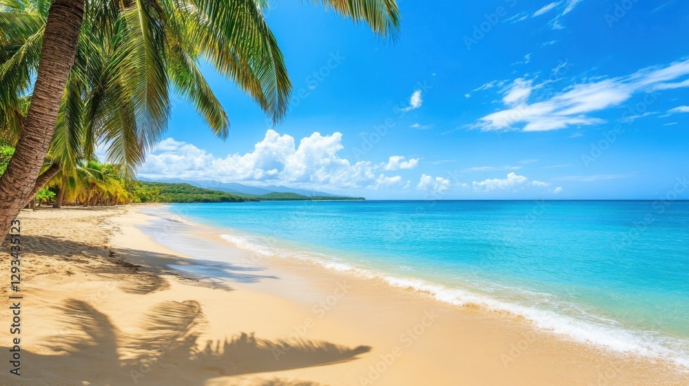 Tropical paradise with swaying palm trees casting shadows on the warm, golden sand and a calm ocean stretching to the horizon Tropical paradise with swaying palm trees casting shadows on the warm, golden sand and a calm ocean stretching to the horizon