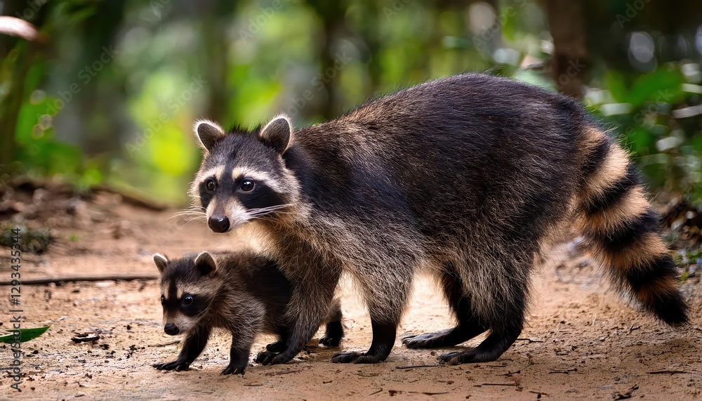 Fototapeta premium Mother Raccoon Family in Tijuca Park Rainforest Ground Playful Moments Amidst the Lush Greenery and Vibrant Wildlife, Brazils Tropical Oasis Radiates a Warm and Enchanting Aura.