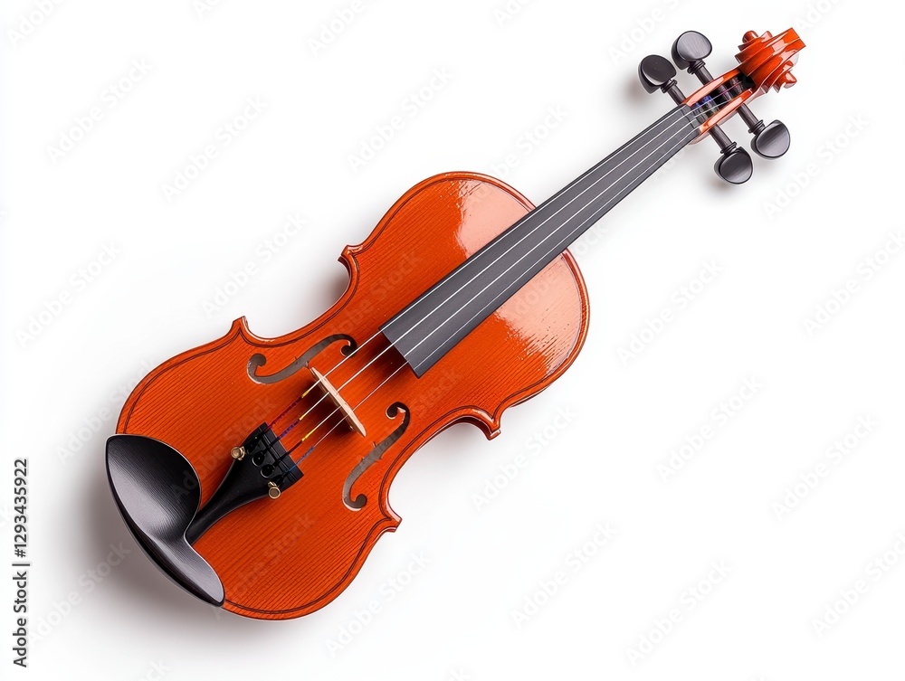 Obraz premium High angle view of a reddish brown violin on a white background. The image is well lit, showing details of the instrument