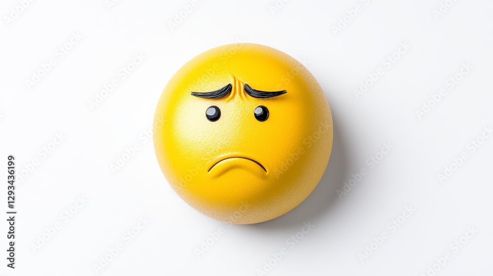 Fototapeta premium Yellow emoticon with a sad expression on a white background. 3D rendering of a digital illustration