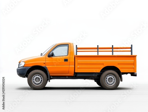 Orange pickup truck on white background, side profile view. Durable and functional design, ideal for work or utility