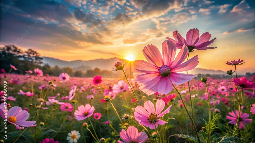 Obraz premium Vintage Cosmos Flower Field Sunrise, Chiang Rai, Thailand