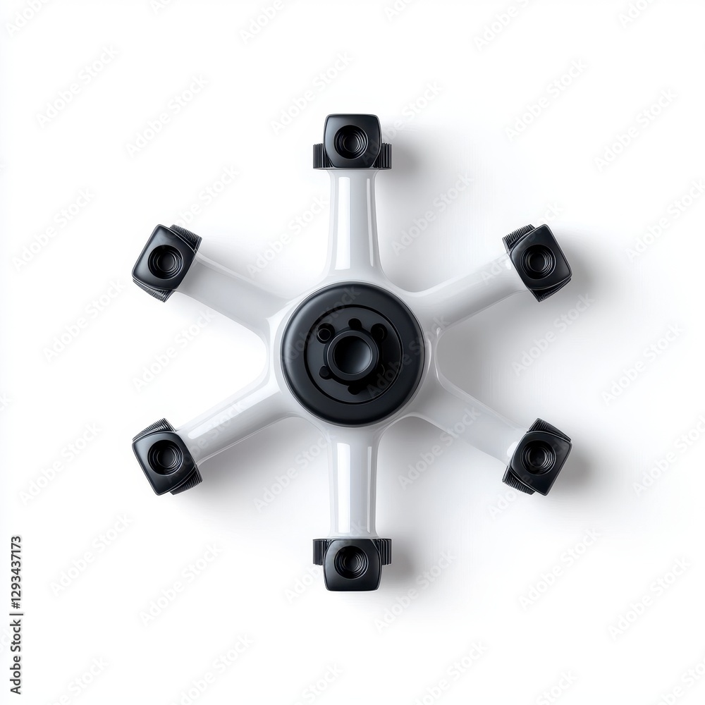 Naklejka premium Overhead shot of a six armed, star shaped device with black and white components against a white background