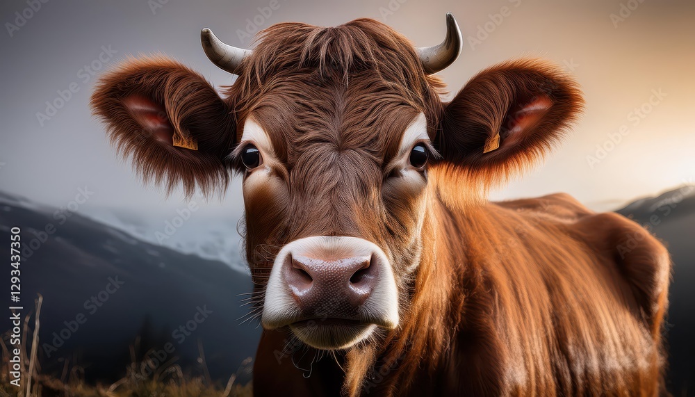 Naklejka premium Cow Grazing Peacefully amidst a Lush Meadow, Bathed in Soft Light as a Storm Rolls In, Capturing the Serene Beauty of Natures Unpredictable Mood Swings.