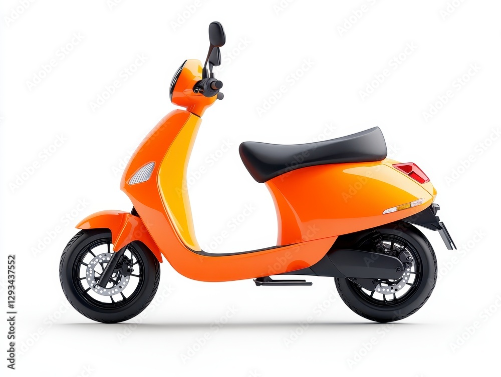 Side profile of a vibrant orange scooter against a clean white background. The scooter features a sleek, modern design with black accents. Side profile of a vibrant orange scooter against a clean white background. The scooter features a sleek, modern design with black accents.