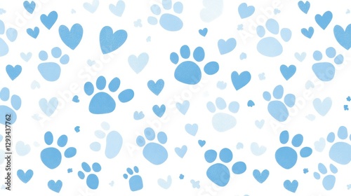 blue paw prints and hearts, creating an adorable dog-themed background for pet-inspired designs. The design incorporates soft pastel shades of light sky blue
