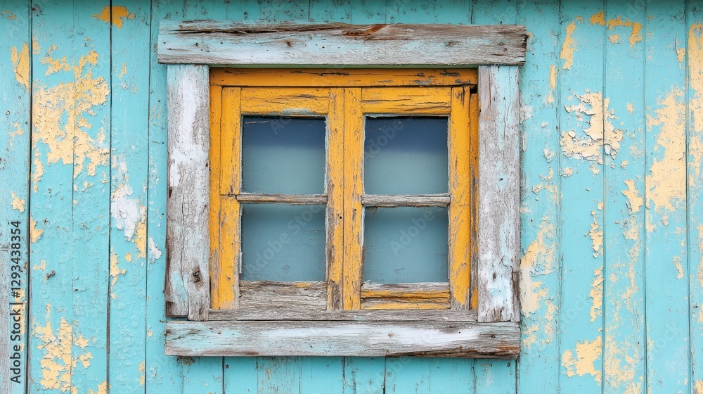 Weathered teal wooden wall with a small, aged yellow double-paned window. Weathered teal wooden wall with a small, aged yellow double-paned window.