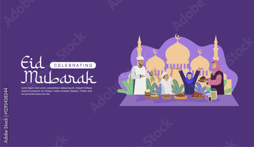 Eid Mubarak 2025 Illustration With Asian Muslim Family Enjoying Delicious Cuisine in Joyful Atmosphere. Selamat Hari Raya Idul Fitri 1446 H Banner, Background, Template, Greeting. Vector Illustration