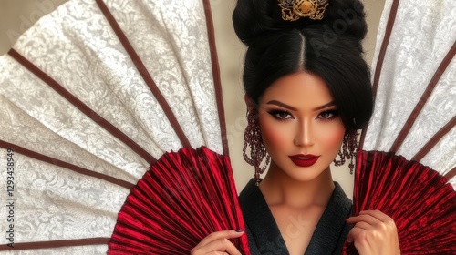 Beautiful geisha holding traditional japanese fans, embracing cultural heritage