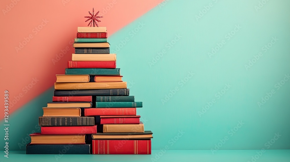 A minimalistic Christmas tree made of books, styled on a pastel background, blending education and holiday spirit in a creative design. A minimalistic Christmas tree made of books, styled on a pastel background, blending education and holiday spirit in a creative design.