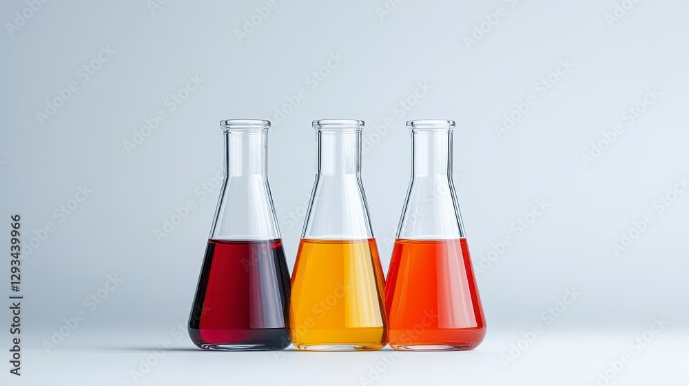 Three Erlenmeyer flasks containing different colored liquids sit on a light gray surface against a white background. The liquids are shades of red Three Erlenmeyer flasks containing different colored liquids sit on a light gray surface against a white background. The liquids are shades of red