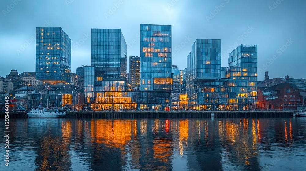 Naklejka premium A modern cityscape with glass buildings stacked under a grey sky, symbolizing contemporary architecture and urban living.