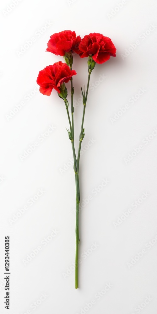 Three red carnations on a white background, stems aligned vertically. Simple, minimalist floral arrangement Three red carnations on a white background, stems aligned vertically. Simple, minimalist floral arrangement