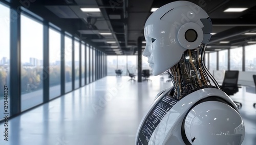 AI system in a sleek office setting processes data to strategize and provide business solutions.