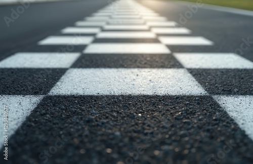 Close-up perspective of race track asphalt road with starting and finishing grid pattern. Black and white checkered racing circuit with rough road texture for motorsport event background. photo