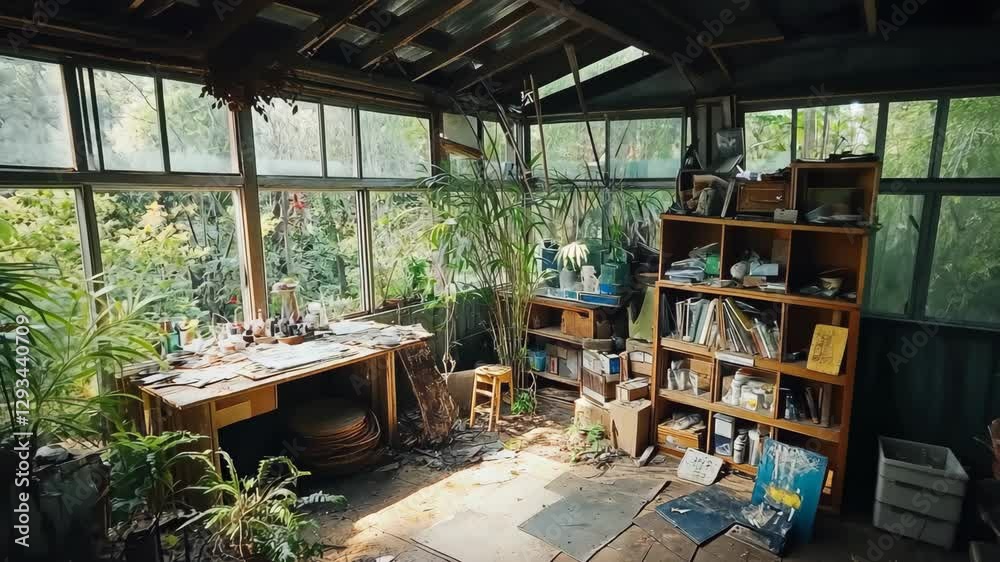 Tranquil artist studio filled with natural light and greenery in a peaceful garden setting
