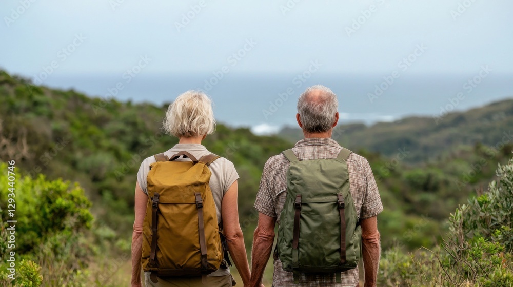 Fototapeta premium Senior couple hiking together in nature. They are holding hands and enjoying the view. Concept of active seniors, healthy lifestyle, and travel.