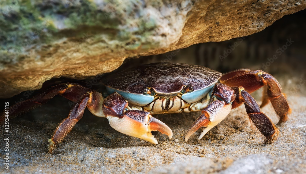 Hidden Crustacean Camouflaged under the Shoreline Rock, Coastal Scene Exudes Tranquility and Mystery as Waves Roll In. Hidden Crustacean Camouflaged under the Shoreline Rock, Coastal Scene Exudes Tranquility and Mystery as Waves Roll In.