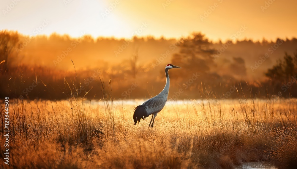 Majestic Crane in Golden Hours Serene Wild Landscape, Silhouette Amidst Sunlight and Natures Glory, Capturing the Essence of a Peaceful Sunset in Remote Terrain. Majestic Crane in Golden Hours Serene Wild Landscape, Silhouette Amidst Sunlight and Natures Glory, Capturing the Essence of a Peaceful Sunset in Remote Terrain.