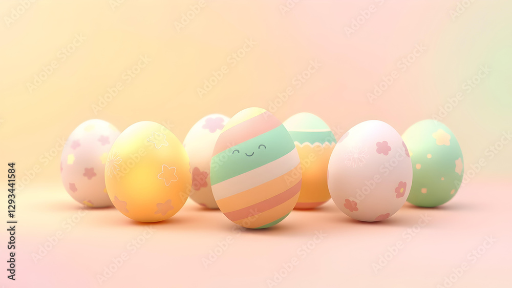 Atmospheric beautiful scene with glowing gradient easter eggs placed on vibrant wallpaper backdrop background hd with blurry moody
