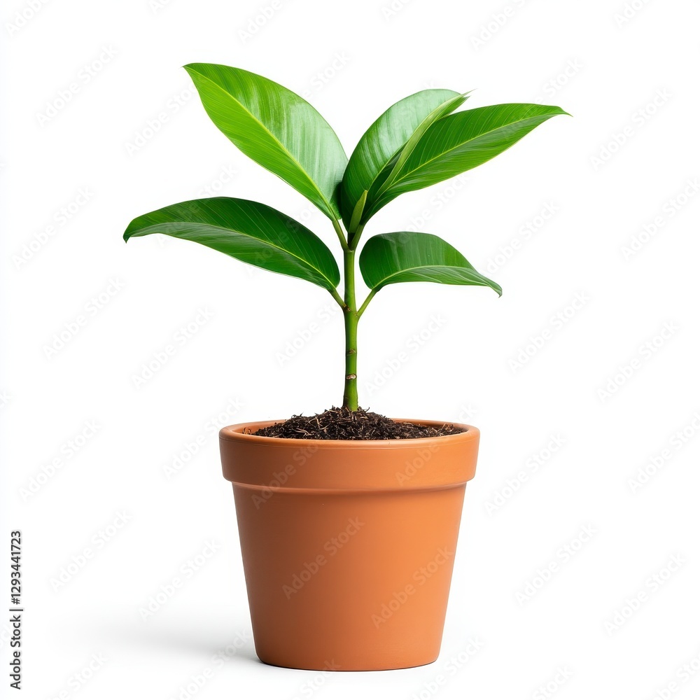 A vibrant green seedling sprouts from dark soil in a terracotta pot against a bright white background A vibrant green seedling sprouts from dark soil in a terracotta pot against a bright white background