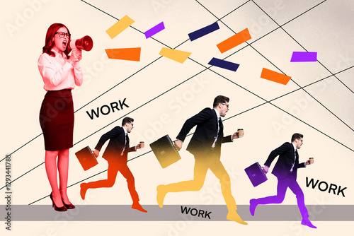 Composite art 3d creative image collage of angry businesswoman boss scream megaphone employee man run punctuality carry briefcase