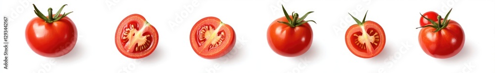 Image of several ripe red tomatoes, some whole and some sliced in half, against a white background. Image of several ripe red tomatoes, some whole and some sliced in half, against a white background.