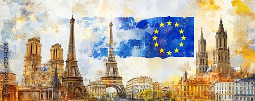 An artistic collage of famous European landmarks, with a prominent European Union flag in the center