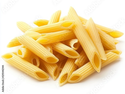 Uncooked Penne Pasta Stacked on White Background for Culinary Use