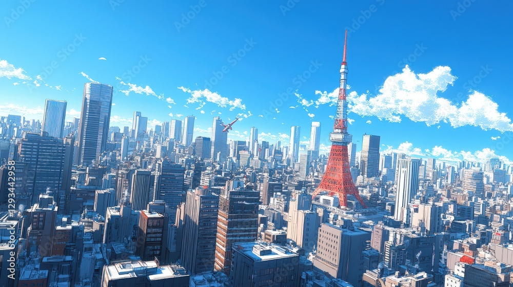 Fototapeta premium Futuristic cityscape under a vivid blue sky dotted with wispy white clouds. Soaring skyscrapers and a prominent tower define the skyline, creating an awe-inspiring vision of tomorrow's urban dreamscap
