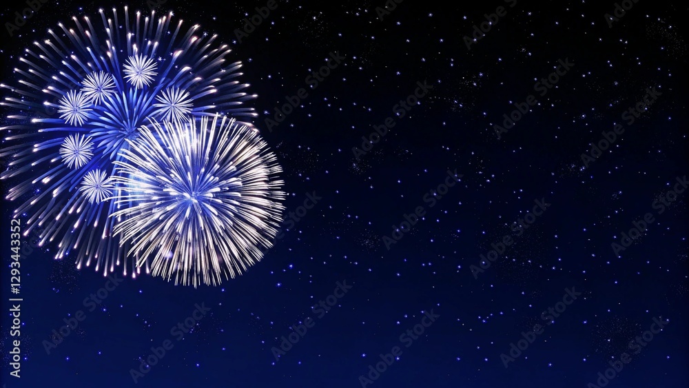 Obraz premium Fireworks, colorful Sylvester fireworks on a dark blue background with sparks. Merry Christmas and Happy New Year background.