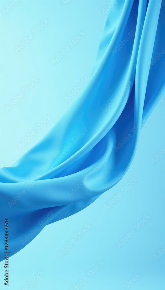 Fototapeta premium soft blue fabric drifts upward on light blue sky, falling fabric, soft focus