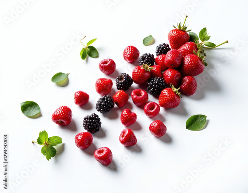 Fresh Strawberries, Raspberries, and Blackberries with Green Leaves on White Background photo