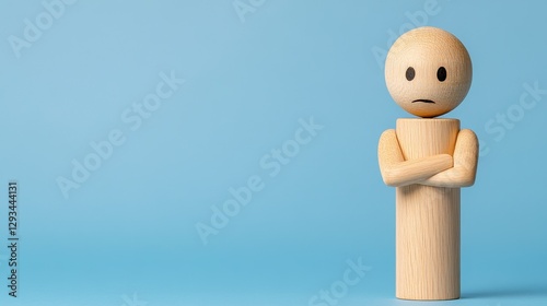 Wooden figure with arms crossed, exhibiting a displeased expression, stands against a light blue background. Simple, minimalist style