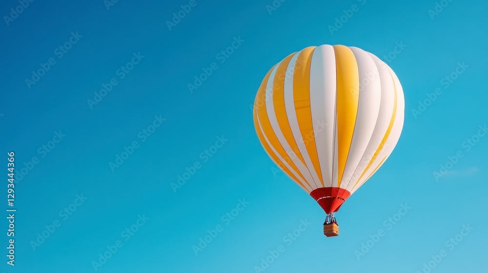 Fototapeta premium Yellow and white hot air balloon ascends against a clear blue sky. The balloon is the central focus, with a small wicker basket visible underneath